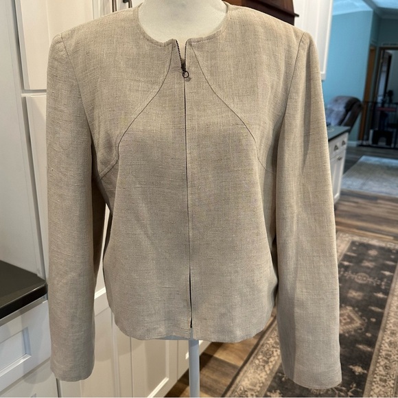 VINTAGE Harve Benard Tan Khaki Linen Zip Up Jacket Blazer Career Lagenlook 10 - Picture 1 of 11